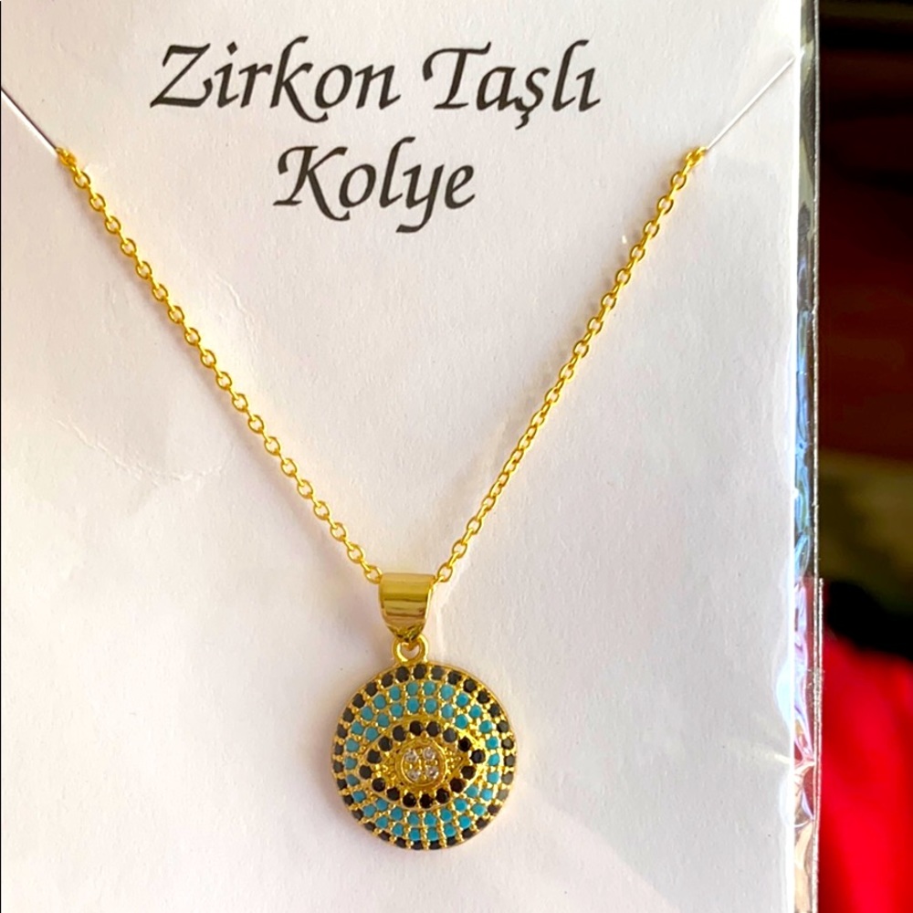 New zircon blue and gold evil eye necklace
